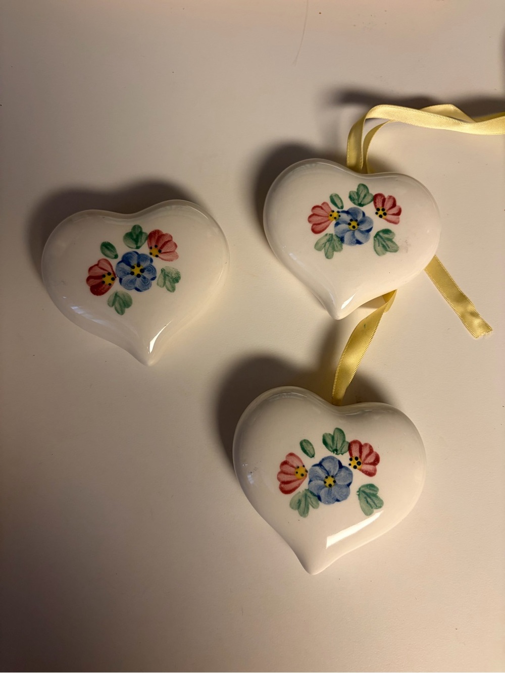 Heart-Shaped Porcelain Ornaments with Hand-Painted Floral Design